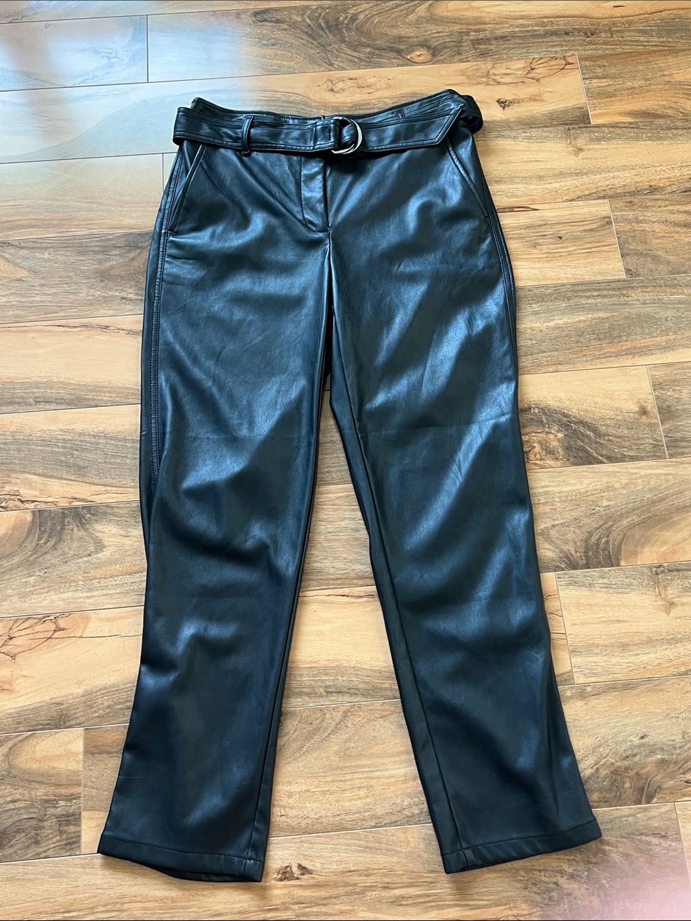 LOFT Black Faux Leather Pants Womens 4 NWT Belted Straight Leg